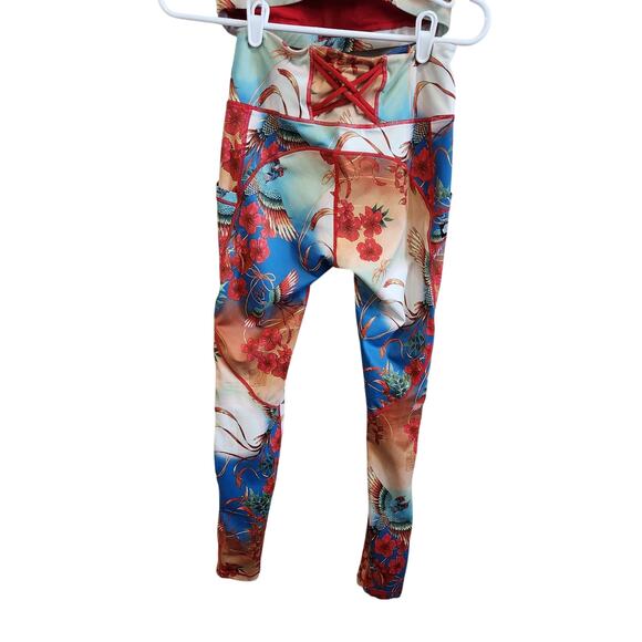 Iron Yokai Erin Sports Bra & Legging Matching Set Gym Floral Bird Red Medium - Picture 9 of 10